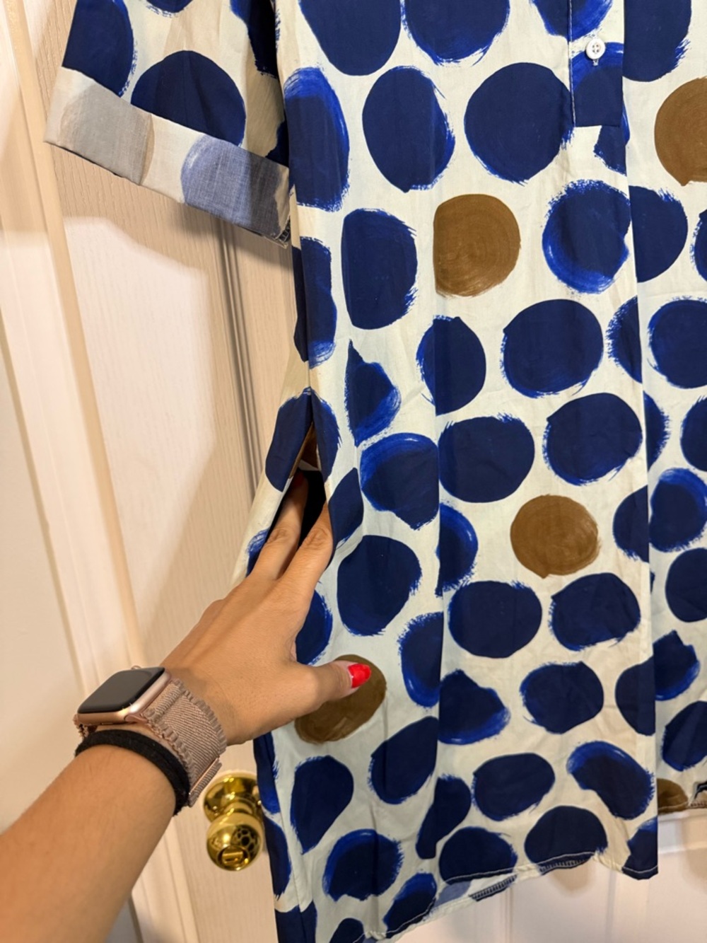 Noeline Polka Dot Midi Shirt Dress in Navy & Tan 100% Cotton Small - Picture 8 of 9